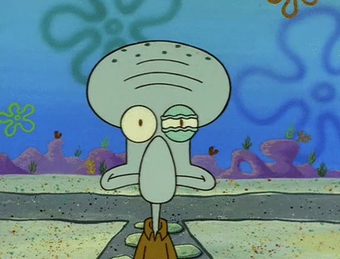 Squidward from SpongeBob with one eye twitching in stress.