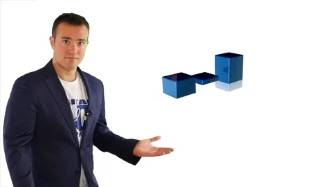 A man in blue blazer demonstrating a series of 3 animated blue bars.