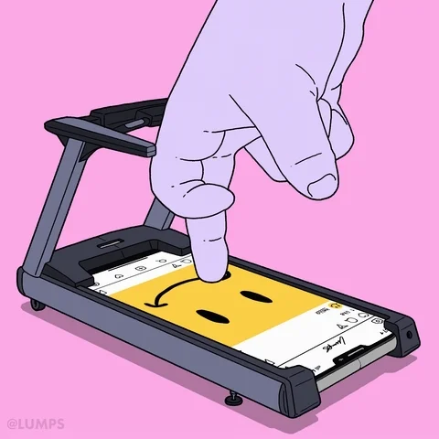 Fingers running on a treadmill where the platform is an Instagram feed so the fingers are scrolling