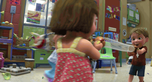 Animated GIF of preschool students running around in chaos.