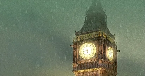 Big Ben in London during a rainstorm.