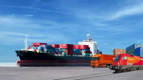 An animation of a truck, train, and cargo ship approaching a loading area