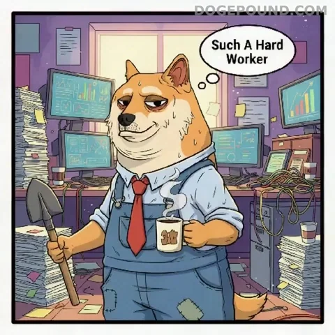 Dog in professional work attire and holding a coffee mug and a shovel