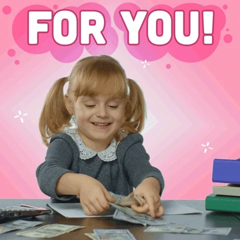 A child happily throwing dollar bills up and watching them fall in front of 'FOR YOU!' in bubble letters on pink background.