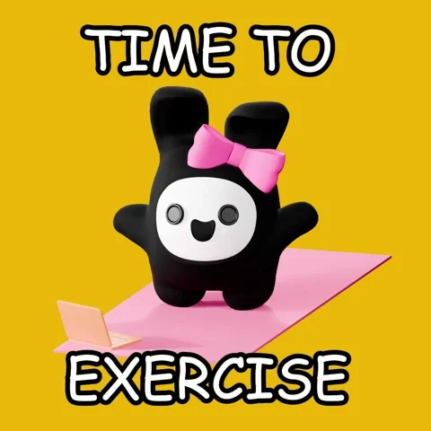 A happy character that's jumping joyfully on a yoga mat with the text 'time to exercise'