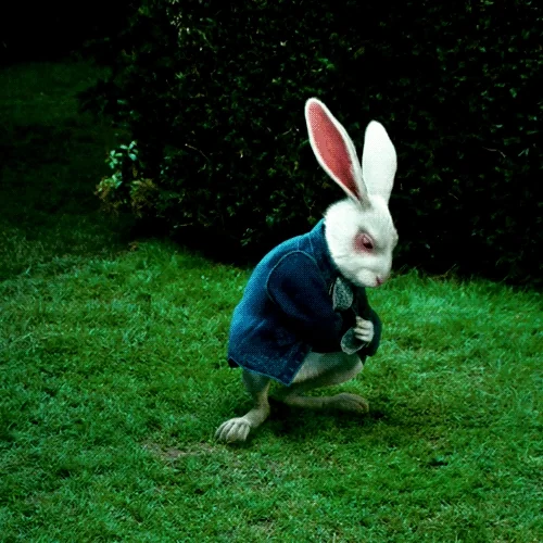 The White Rabbit from Alison in Wonderland points at a pocket watch.