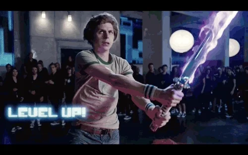 Scott Pilgrim gaining a Level Up to show that he has new skills and achievement.