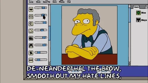 A scene from The Simpsons. A photographer uses a photo editor to make Bartender Moe look better.