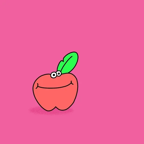 A cartoon apple that says, 