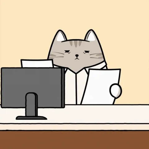 A cartoon cat at a desk looking back and forth between two pieces of paper.