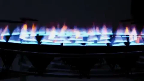 Blue flames from a gas stovetop.