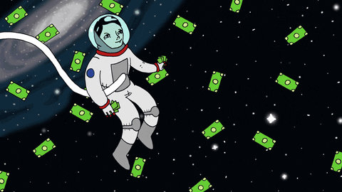 An animation of an astronaut doing a space walk while catching floating dollar bills.