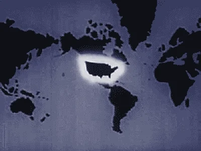 Newsreel footage of  a world map. The US is highlighted, and a series of beams emerge from it, landing on question marks.