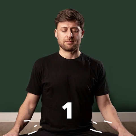 A man in a yoga pose breathes deeply. The numbers 1-2-3 cycle across his body,  from his abdomen to his chest.