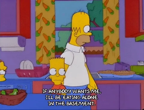 Homer Simpson in his kitchen holding pies. He tells Bart, 