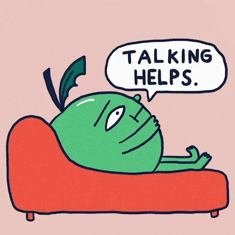 An apple sitting in a therapist's chair saying 'Talking helps'.