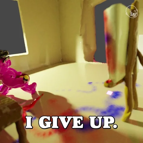 A pink cartoon figure falling and saying, 'I give up.'