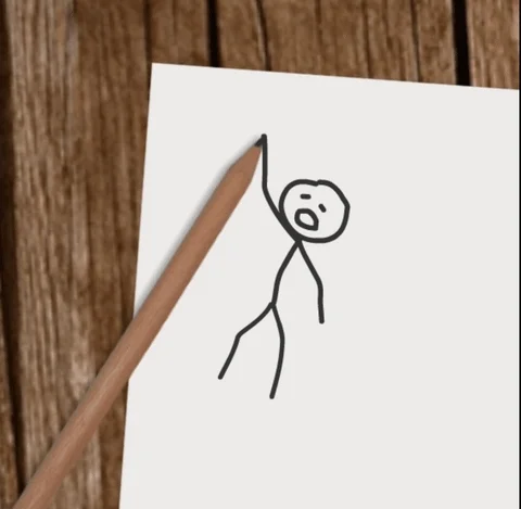 A stick man hanging from a pencil over a piece of paper.