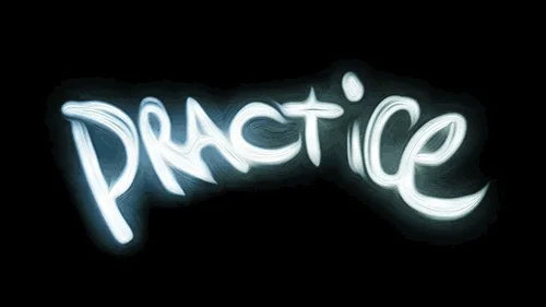 Animated text reading 'practice' in white, moving across a black background.