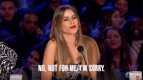 A woman on a TV show saying, 'No, not for me. I'm sorry.'