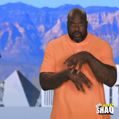 Shaq spreading his arms saying, 
