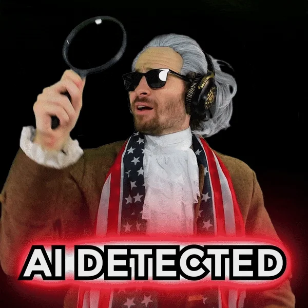 A man holds up a magnifying glass as if scanning for AI. The text reads: 