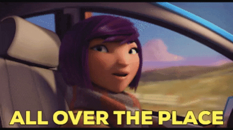 All over the place. Zoe from the Animal Crackers movie in the driver seat. Background features green hills, blue skies. 