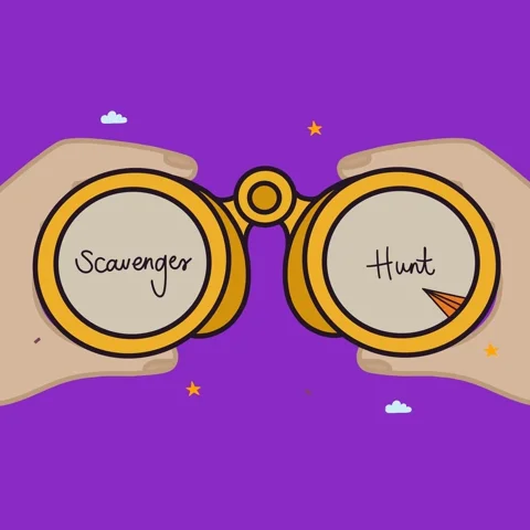 hands holding binoculars, left lens has the word scavenger and the right lens has the word hunt
