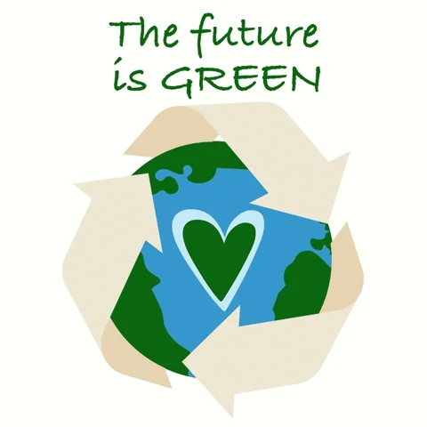 Recycle sign surrounding the earth with a heart in the middle and text saying "The future is green".