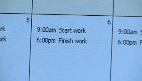 A digital calendar with 9am: start work and 6pm: finish work on each day's entry.