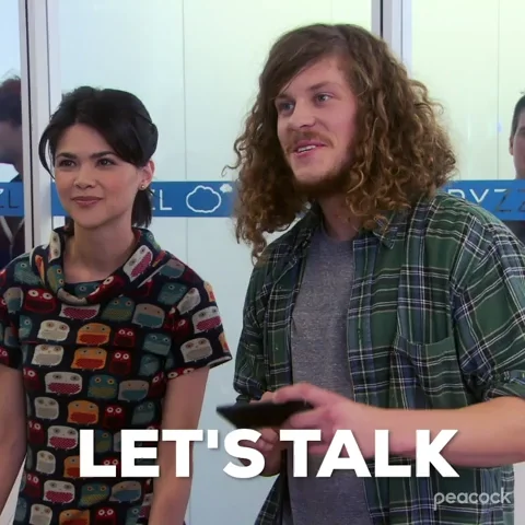 A man standing next to a woman with a text overlay saying, 'Let's talk.'