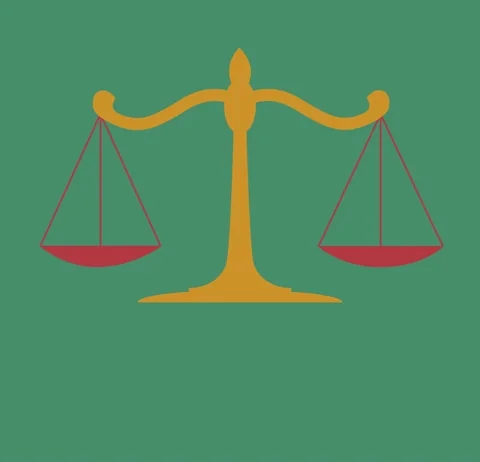 A moving set of balance scales coloured red and yellow.