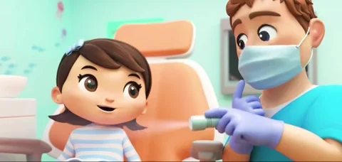A cartoon doctor examining a kid's mouth with a flashlight.