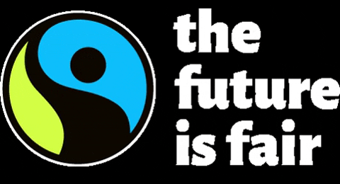 Fairtrade mark with text 'the future is fair'.