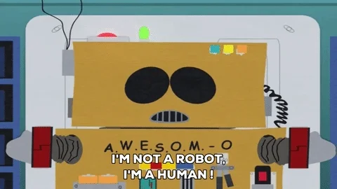 An animated robot shifting its head side to side with the text saying, I