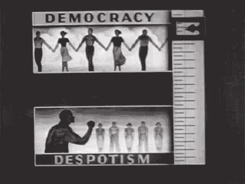 Old documentary footage of a diagram depicting the path from democracy to despotism.