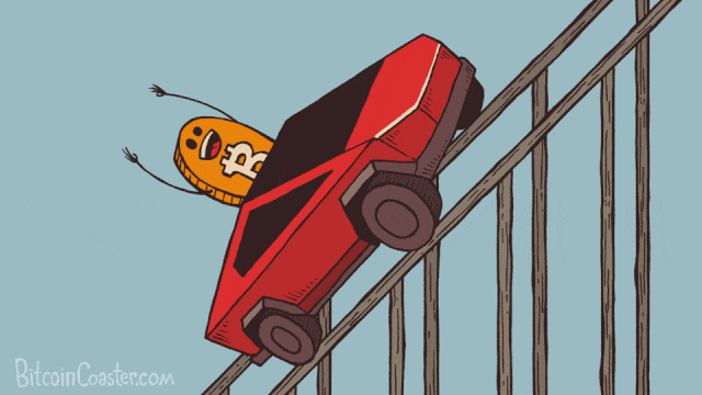 A cartoon bitcoin riding a car up an incline