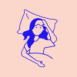 Blue outline drawing of woman in bed lifting here eye mask and waving. 