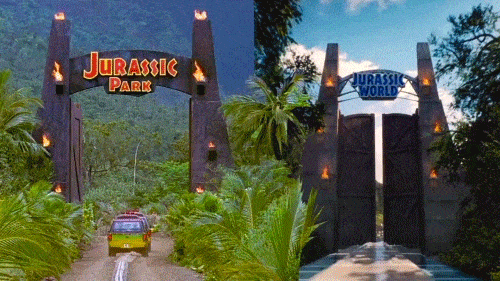A split-screen of the gates opening to Jurassic World and Jurassic Park.