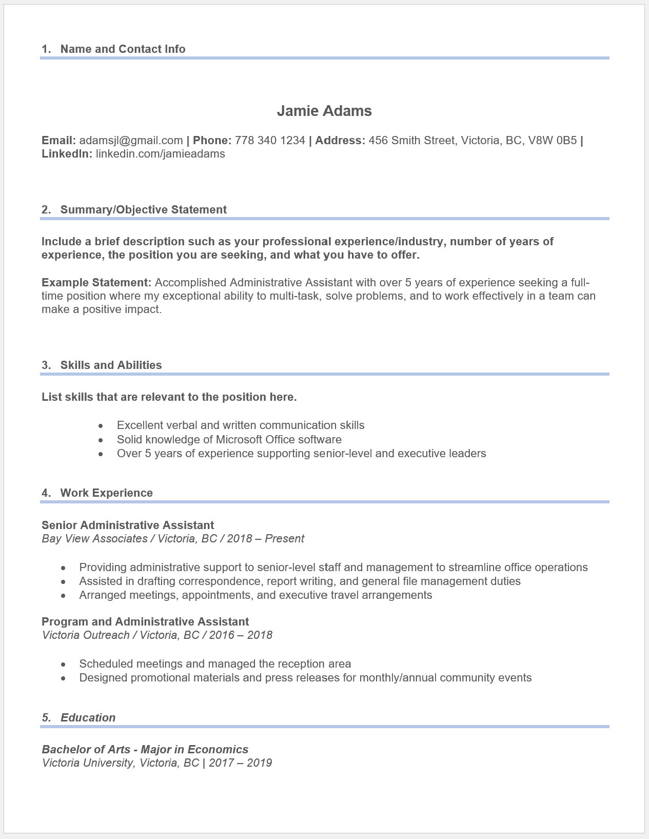 Example chronological resume for an administrative assistant position. 