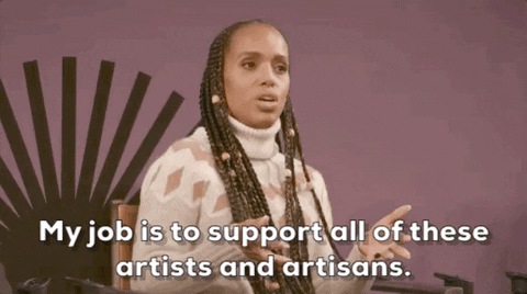 Kerri Washington lifting her hands in front of her saying, 'My job is to support all of these artists and artisans.'