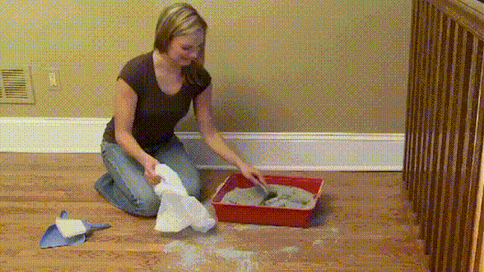 A woman scooping kitty litter. She looks disgusted.