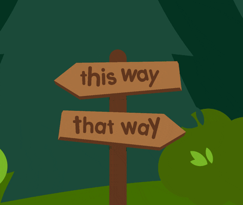 A person comes to a fork in a path. A sign reads 'this way' or 'that way'.