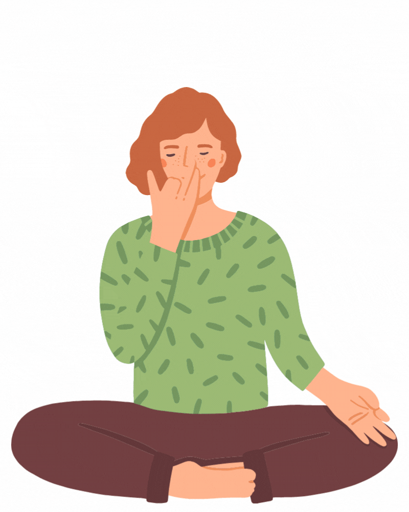 A person sits cross legged with right hand to her nose practicing alternate nostril breathing. Created in Canva.