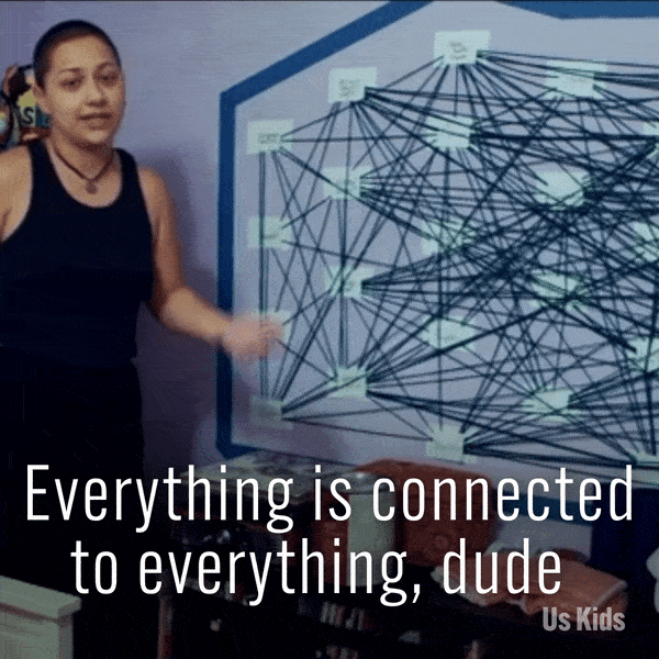 X González, an American activist, pointing to a web of notes and saying, 'Everything is connected to everything, dude.'