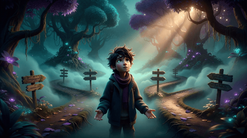 A young boy standing at a foggy crossroads with multiple confusing paths.