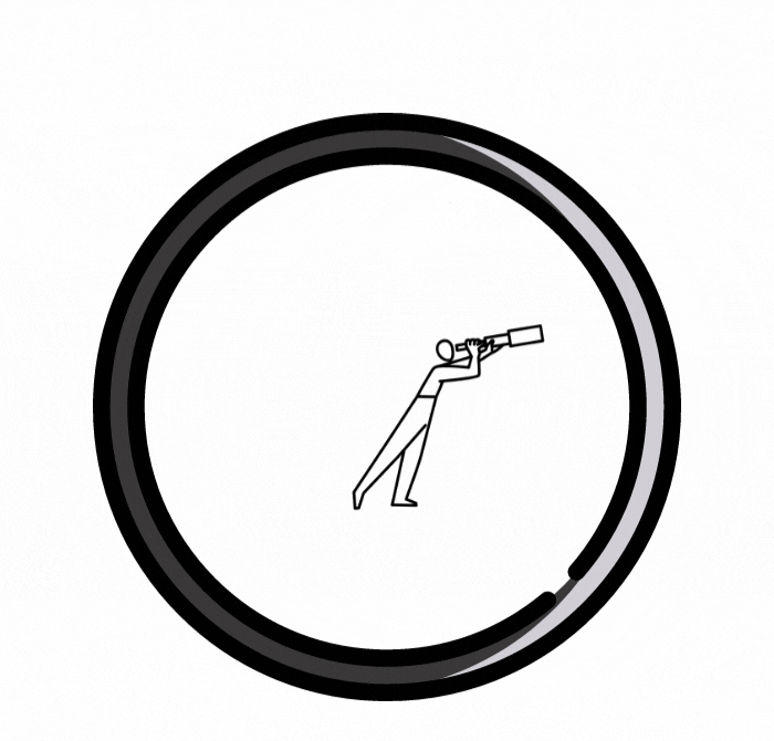 Black and white outlined circle with animated person in the middle looking through a telescope.