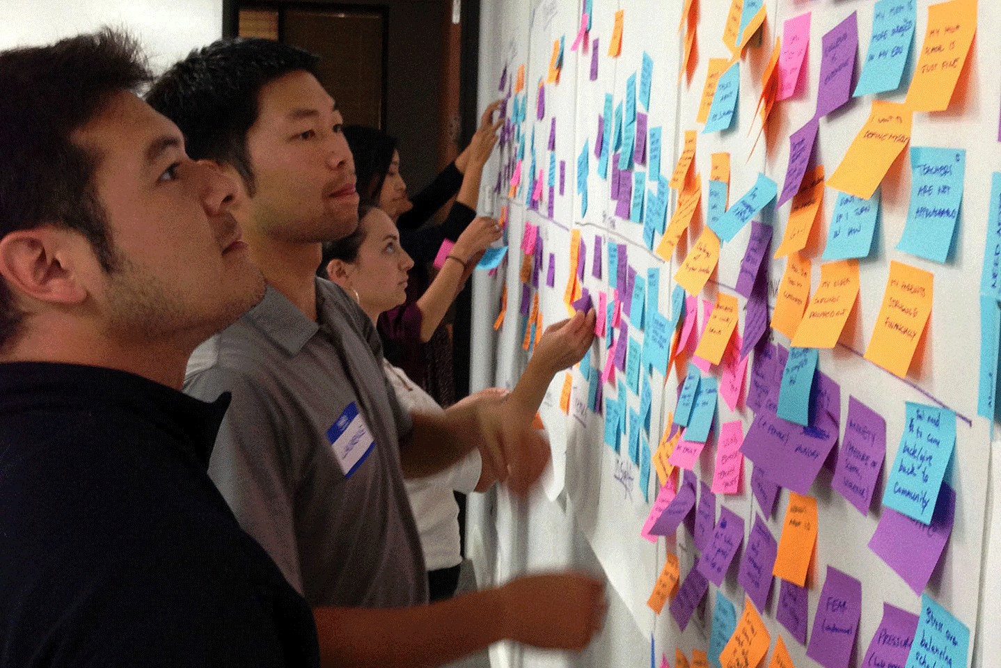 A team looking at post-it notes on a whiteboard.