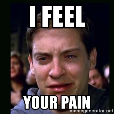 Peter Parker crying, saying 'I feel your pain'