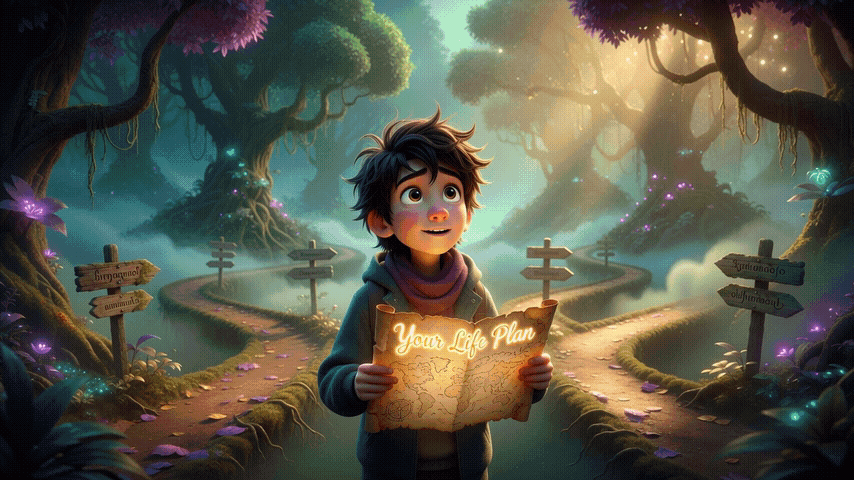 A boy excitedly holding a glowing "Your Life Plan" map in an enchanted forest.